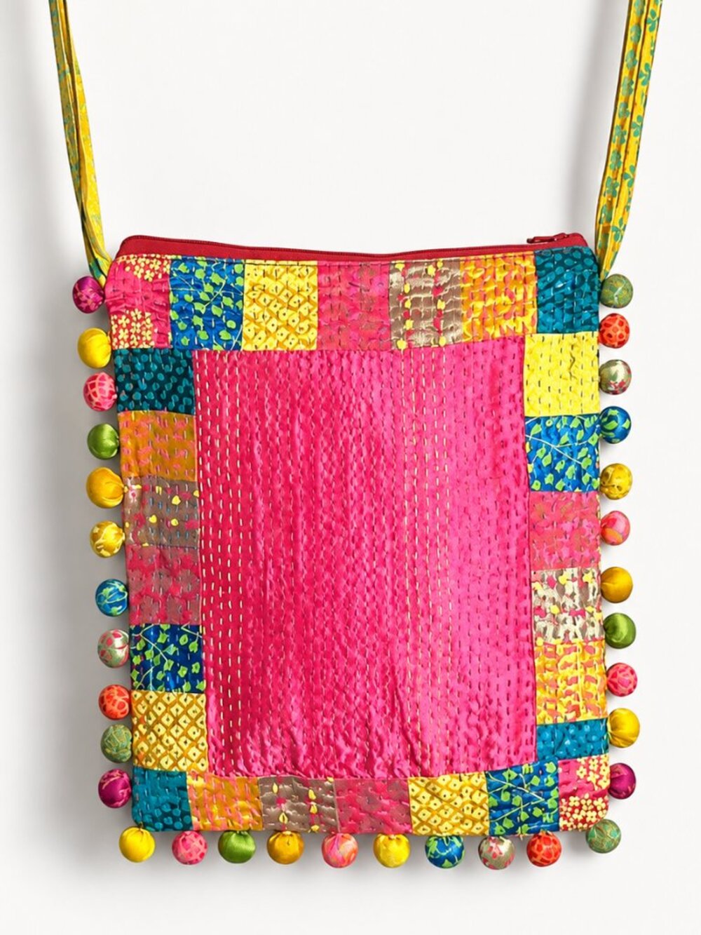 Nur Handmade India Patchwork Mini Crossbody - Kantha Pompom